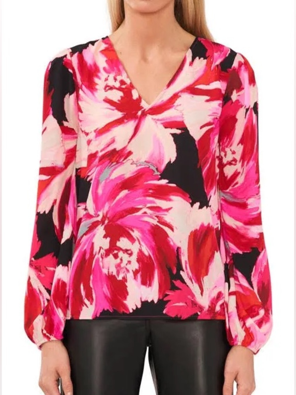 Halogen Pink Floral Long Sleeve V-Neck Blouse Size Medium
